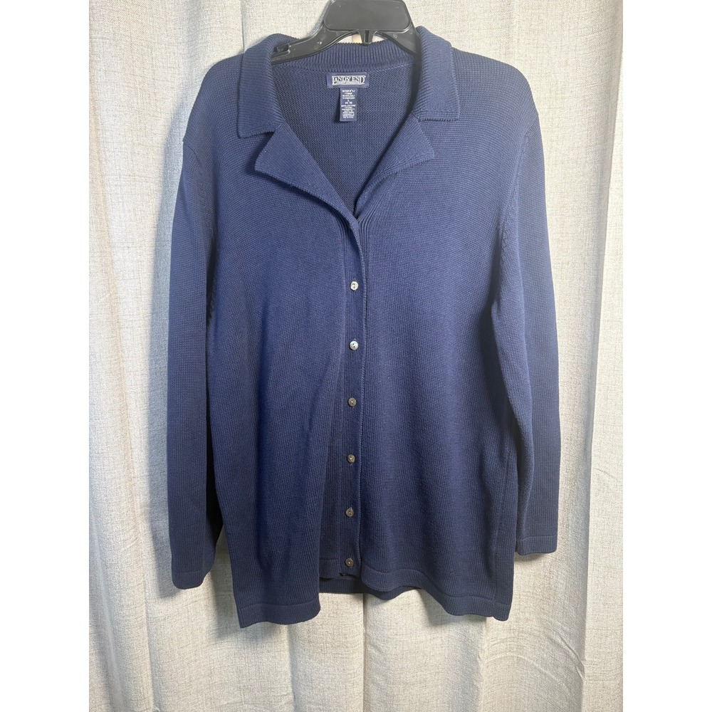 Lands End Womens Navy Blue 100% Cotton Button Front Cardigan Sweater L 14-16